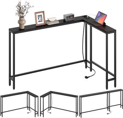 Consoletafel smal, 180 cm L-vormige ingangstafel, 15 cm brede gangtafel, 3 combinatiemodi, 1 stopcontact en 2 USB-poorten, voor woonkamer, hal, achter de bank, zwart XCT07CBB
