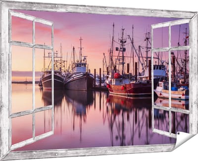 Gards Tuinposter Doorkijk Schepen in de Haven - Boten - 180x120 cm - Tuindoek - Tuindecoratie - Wanddecoratie buiten - Tuinschilderij