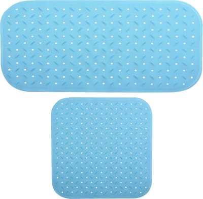 MSV Douche/bad anti-slip matten set badkamer - rubber - 2x stuks - lichtblauw - 2 formaten