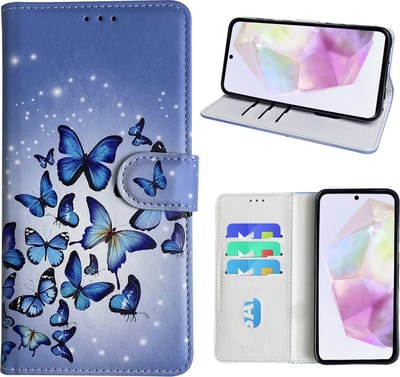 Hoesje geschikt voor Samsung Galaxy A35 Bookcase met Blauw vlinder print