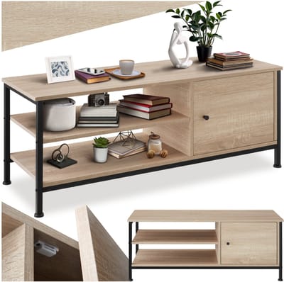 tectake® TV-meubel met 2 open vakken en kastje met deur - Lowboard voor TV's tot 55 inch - Houten TV-dressoir - Industrieel design - Zwart metalen frame - Afmeting (LxBxH) 110 x 40 x 45,5 cm - Lichtbruin