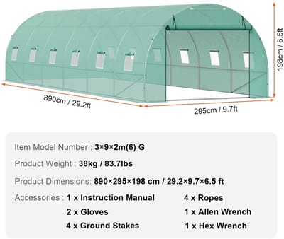 Wandelbare Tunnelkas met Stalen Frame 890×295×198 cm – Grote Inloop Tuinkas met PE Afdekking, Oprolbare Ritsdeur en Ventilatieramen - Duurzame Tuin Kas - Groen