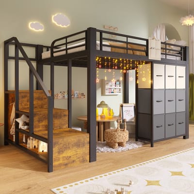 Sweiko Hoogslaper - 140 × 200 cm - Metalen frame - 9 lades - Opbergruimte - Kinderbed - Zwart