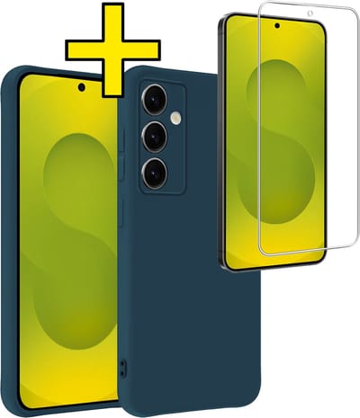 Hoesje - Met Screenprotector - Geschikt voor Samsung Galaxy S25 FE - Sterk & Shockproof - Back Cover - Siliconen Case - Telefoon Hoes - Telefoonhoesjes - Donkerblauw