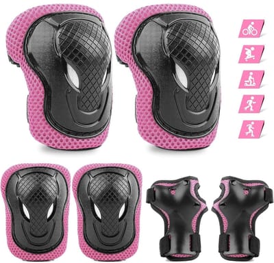 GELLDG Kinderkniebeschermers - 6-delige set - Beschermende uitrusting voor rolschaatsen - Beschermende kleding geschikt voor kinderen - Geschikt voor rolschaatsen, ijsschaatsen, scooters, fietsen en inline skates - Roze - S