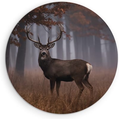 Saammp Muurcirkel Hout - Hert bij een bos tijdens de herfst - Natuur - Dieren - Ø 90 - Wandcirkel - Wanddecoratie Cirkel - Muurdecoratie Woonkamer - Slaapkamer decoratie - Rond Schilderij