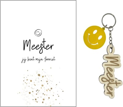 Sleutelhanger en kaartje MEESTER | geel | smiley | jij bent de coolste | liefste meester | topmeester | einde schooljaar | cadeau