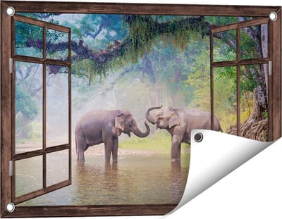 Gards Tuinposter Doorkijk Twee Olifanten in het Water - 60x40 cm - Tuindoek - Tuindecoratie - Wanddecoratie buiten - Tuinschilderij