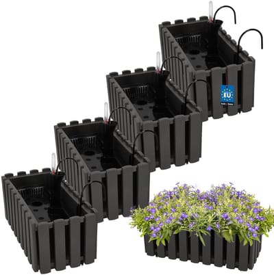 KOTARBAU® 4 st Balkonbak, Bloembak voor Balkon, Kunststof, 38 x 18 x 16 cm, Grijs, Balkonbak met Houder, Zelfbewaterend Systeem, Balkon Plantenbak, Weerbestendige Plantenbak
