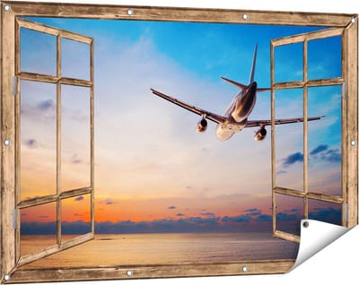 Gards Tuinposter Doorkijk Vliegtuig Boven de Zee bij Zonsondergang - 120x80 cm - Tuindoek - Tuindecoratie - Wanddecoratie buiten - Tuinschilderij