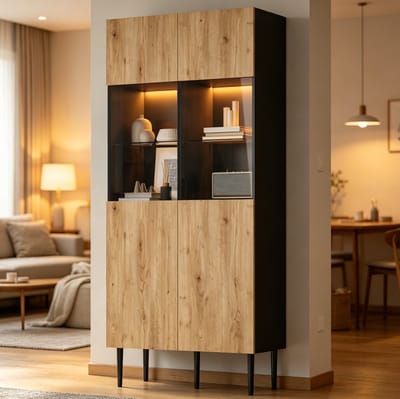 OKWISH Vitrinekast - Met Ledverlichting En 10 Vakken - 80 x 35 x 180 cm - 2 Deuren - MDF Zwart En Natuur