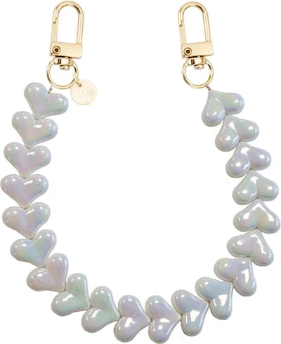 xoxo Wildhearts telefoonkoord - Funky Hearts - wit met goud - Geschikt voor iPhone - Geschikt voor Samsung - Universeel Phone Cord - Telefoonketting - Bedeltje voor telefoon - Telefoonhanger - kralenketting - Ketting met hartjes - Wit met goud