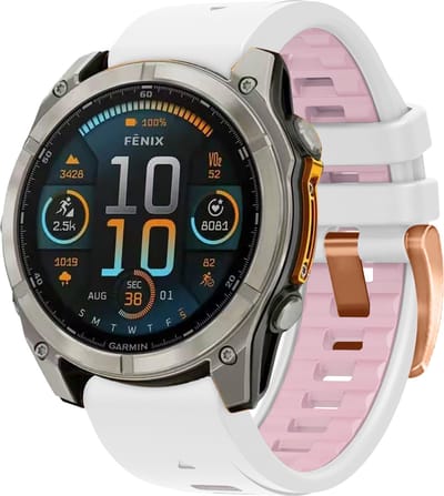 Stravo Dubbelkleurige Siliconen bandje in Fenix 8 Stijl - Rosé goud-Wit/Roze - voor Garmin Fenix 5s - Plus & Sapphire - Fenix 6s - Pro & Sapphire - Garmin Fenix 7s / Fenix 8 - 43mm Quickfit 20mm band voor Garmin smartwatches - Horlogebandje