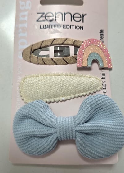 Zenner kids - 3 click clack haarspeldjes - clic clacs pastel - 1x ecru stof - 1x blauw strik - 1x regenboog rainbow - 3x haarspeld