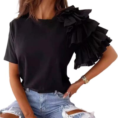 Dames Zomer T-shirt Asymmetrisch Korte Mouw Meerlaags Ruches T-shirt Ronde Hals Effen Kleur Tee Tops Streetwear XL zwart
