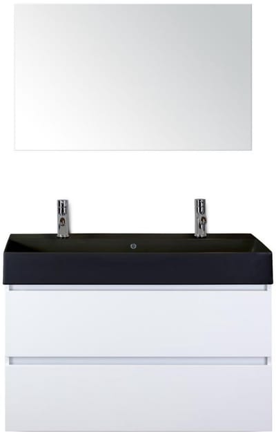 Maxx XL Badmeubelset 100 cm - Wit Hoogglans - Wastafel Kube Zwart 2 Kraangaten met Spiegel