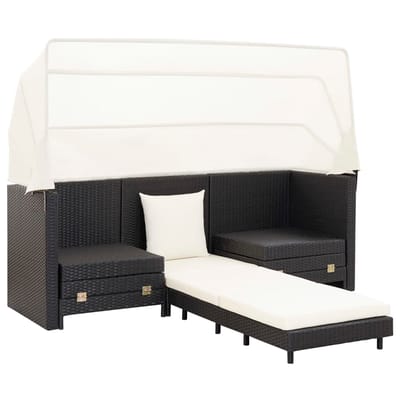 vidaXL - Slaapbank - met - luifel - 3-zits - verlengbaar - poly - rattan - zwart