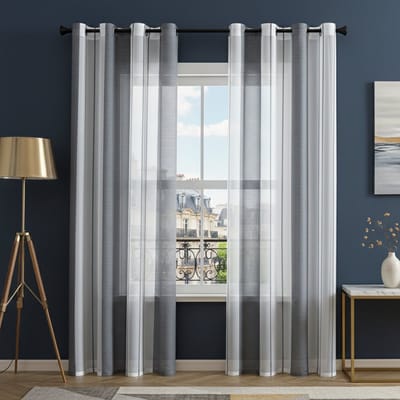 Qelus Set van 2 Vitrages met Ringen - Gestreept Linnenlook Voile Gordijn - Transparant & Luxe - Voor Woonkamer - Voilage à Rayures Oeillets - B140xH225cm