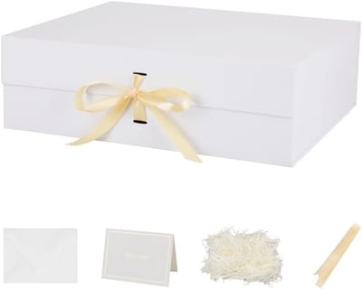 Witte Geschenkdoos met Lint 47x40x16 cm - Luxe Opvouwbare Doos met Magnetische Sluiting voor Trouwjurk en Grote Geschenken