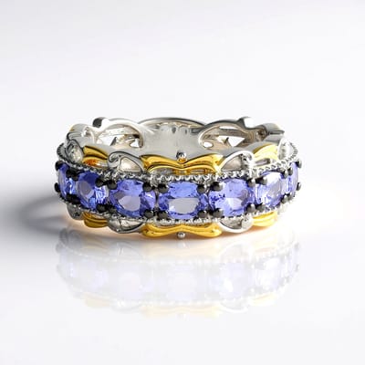 Cavill - Zilveren ring met 7 ovale tanzanieten 1,26 ct - 925 Sterling Zilver met palladiumlaag - Elegant dames sieraad met filigraan details