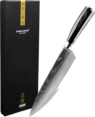 Shinrai Knives - Koksmes 20 cm - Koksmes - Damascus Mes - Damascus Print Onyx Epoxy - Met Luxe Geschenkdoos - Keukenmes - Japans Hakmes