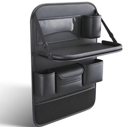 Auto Organizer met Uitklapbare Tafel – PU Leer – Rugleuning Opberger met Mesh Vak & Bekerhouders – Kinder Tafeltje voor Achterbank – Zwart – 64x45 cm