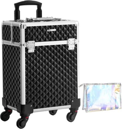 Cosmeticakoffer, trolley, make-upkoffer, make-upkoffer, met handvat, met 4 universele wielen, met 4 uittrekbare vakken, voor op reis, zwart, HMTM-BC 30017-BLACK