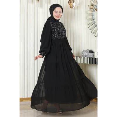 Pailletten Chiffon Avondjurk Zwart