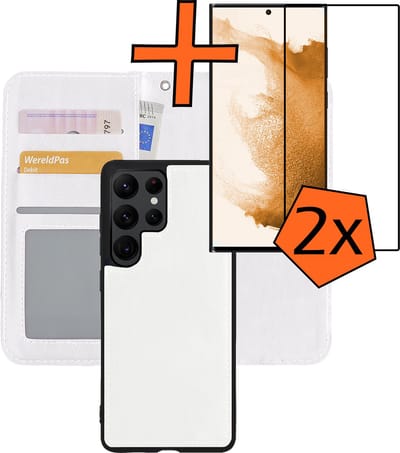 Hoes - 2 in 1 - Geschikt voor Samsung Galaxy S22 Ultra - Met 2x Screenprotector - En Uitneembare Hard Cover - Bookcase - Wallet Case - Met Pasjeshouder - Book Case - Uitneembaar - Pashouder - Kunstleer - Wit