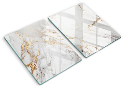 Wallfluent Spatscherm Keuken - Wit Glasplaat Keuken - Set 2 Stuks 40x52 cm - Licht Marmer Met Goud Achterwand Glasplaat Keuken - Natuurlijke patronen Rechthoekig Spatscherm Keuken
