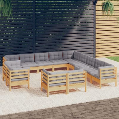 vidaXL - 13-delige - Loungeset - met - grijze - kussens - massief - grenenhout