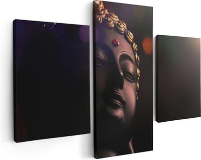 Artaza Canvas Schilderij Drieluik Boeddha Beeld Met Gouden Sierraden - 90x60 - Foto Op Canvas - Canvas Print