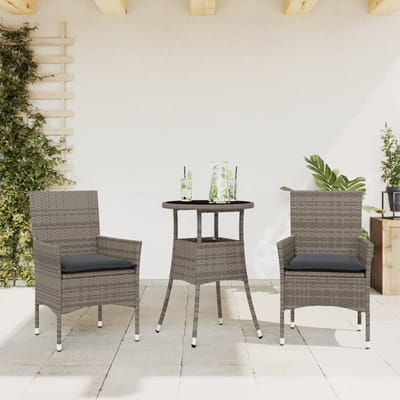vidaXL - 3-delige - Tuinset - met - kussens - poly - rattan - en - glas - grijs