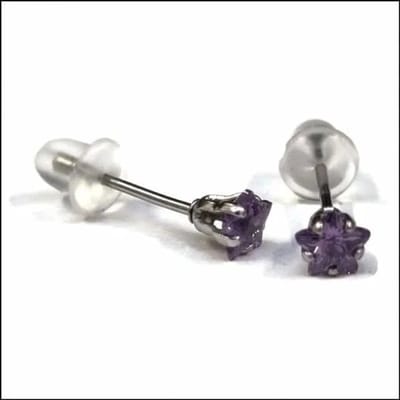 Aramat Jewels | Oorbellen | RVS Zweerknopjes Ster met Zirkonia - Sterretjes Oorstekers | Zilverkleurig / Paars / 4mm | |3mm | Staal | Kinderen, Volwassenen | Verkleurd niet