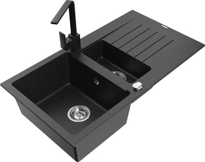 Mexen Matias granieten spoelbak 1,5-kompartment met afdruiprek en keukenkraan Rita, zwart/zilver metallic - 6502-73-670300-70