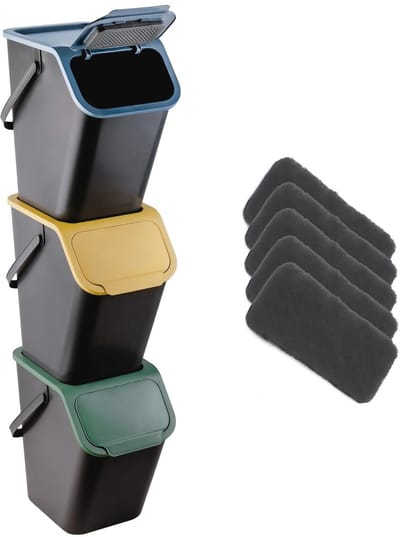 Vuilnisemmer Set van 3 Stuks - 25 Liter met Deksel en Koolstoffilter - Efficiënte Afvalscheiding - Ruimtebesparend en Hygiënisch