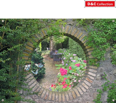 D&C Collection - tuindoek - 90x65 cm - doorkijk - geheime tuin bloemen - romantische tuinset - hortensia's en vlinders- tuindecoratie - tuinposter