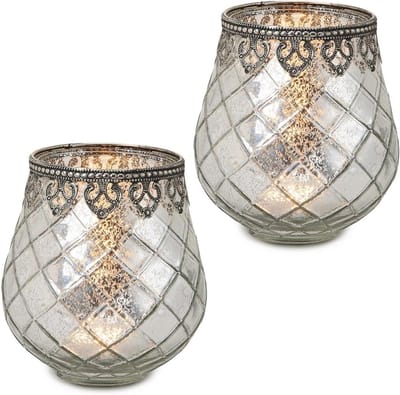 Kaarsglazen Windlichten - Theelichthouders Decoratief - Sfeervol Interieur - Oosters Vintage Design - 14 cm Hoog - Zilverkleurig