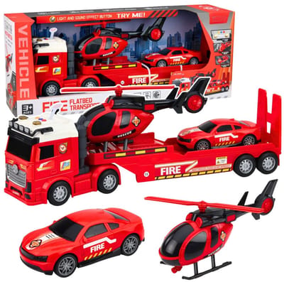 Playos® - Brandweerset met Voertuigen - Rood - Transportwagen, Helikopter en Sportwagen - met Licht en Geluid - Transportwagen - Voertuig - Speelgoedvoertuig - Brandweer