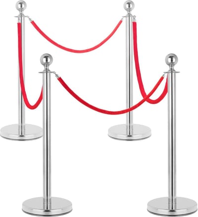 Set van 4 Afzetpalen met Rood VIP Koord - Personenleidersysteem Zilver