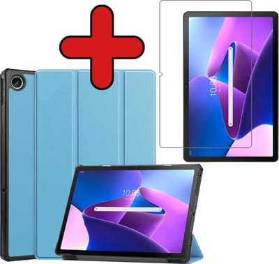 Hoesje - Geschikt voor Lenovo Tab M10 Plus (3e / 3rd Generatie) - Met Screenprotector - Hardcover Book Case - Trifold Bookcase Hoes - Hard Cover - Tablethoes - Lichtblauw