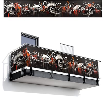 Balkonscherm 500x85 cm - Balkonposter Schedels - Kunst - Donker - Rood - Balkon scherm decoratie - Balkonschermen - Balkondoek zonnescherm