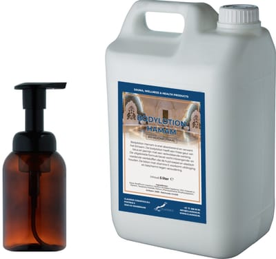 Zeepdispenser 300 ml amber bruin hervulbaar + 5 liter Bodylotion Hamam navulling