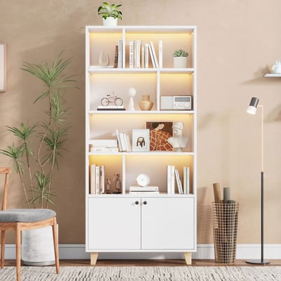 Pugsdrly 80x30x173cmBoekenkast, massief houten poten, verschillende opbergvakken, dubbele deur, van kleur veranderende LED- sfeerverlichting, afstandsbediening, eenvoudige vorm, wit