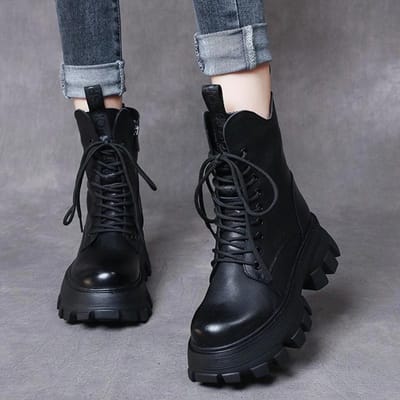 Dames Laarzen Veters Vetersluiting Comfort Dames Platform Schoenen Warm Antislip Retro Chunky Enkel Motorlaarzen Vrouwelijk Botas De Mujer 35 gray