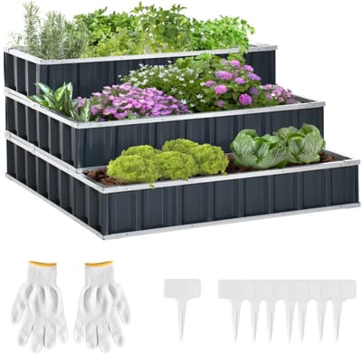 Grote Plantenbak - Luxe Bloembak - 3-laags Ontwerp met T-vormige Plantenmarkeringen - Plantenbed - Tuinbed - Kweekbak - Moestuinbak - Kruidenbed - Weerbestendig - voor Buiten, Terras, Tuin & Balkon - voor Groenten, Bloemen - 118 x 118 x 62 cm