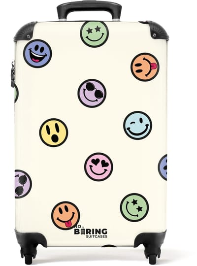 NoBoringSuitcases.com - Koffer - Verschillende smiley's op een beige achtergrond - Past binnen 55x40x20 cm en 55x35x25 cm - Trolley handbagage - Valiezen met wieltjes volwassenen - Reiskoffer op wielen - Rolkoffer lichtgewicht
