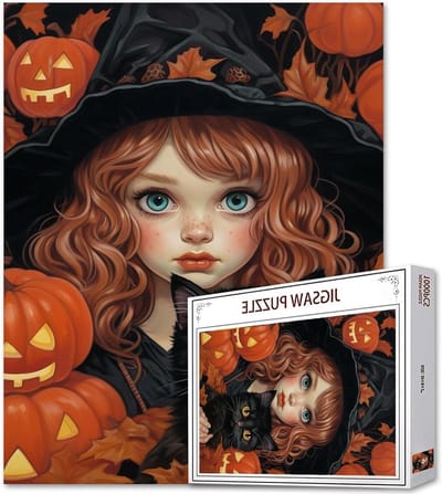 Krullende haarpop puzzel - Halloween puzzel meiden - Familie activiteit - Gerecycled puzzelbord - 1000 stukjes - Bruin