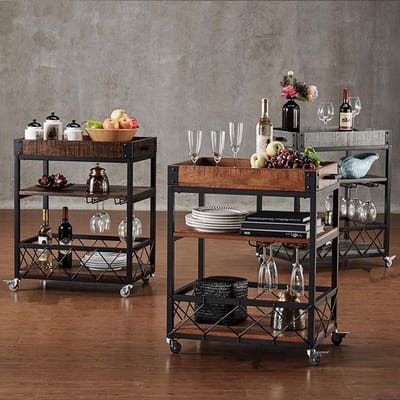 3-Laags Serveertrolley Keuken Trolley 80x40x75 cm – Vintage Hout & Metaal Serveerwagen op Wielen – Barkar / Dienwagen / Opslag Organizer / Catering Trolley – Mobili Bella