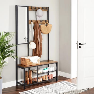 4-in-1 Halmeubel - Kapstok met Spiegel, Schoenenrek & Zitbank – Garderoberek - Organizer – 36x98x185 cm